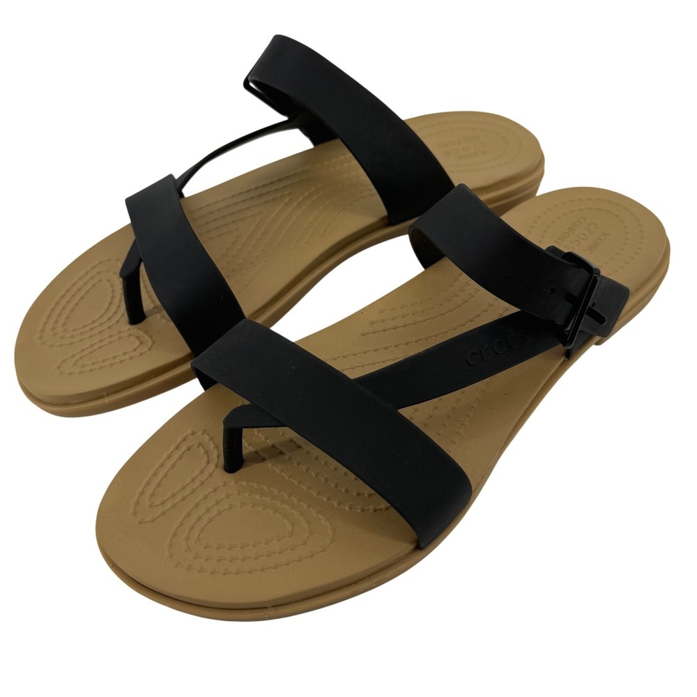 Crocs Tulum Toe Post Sandal Black Tan Women 10 Strappy Slip On Flip Flop Buckle
